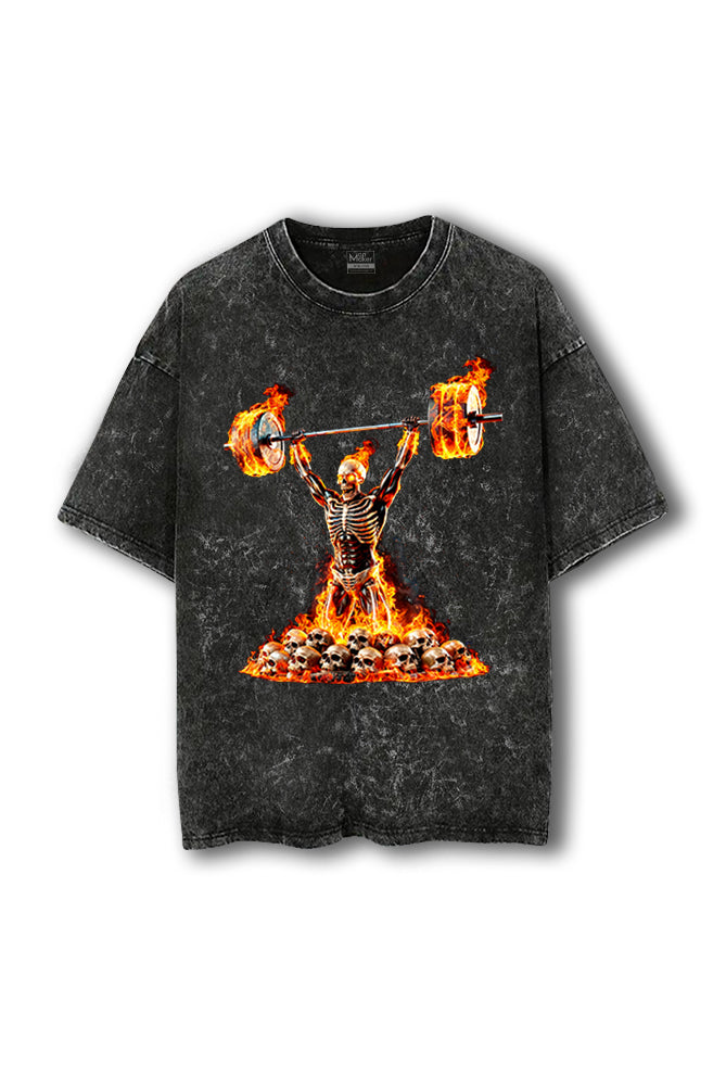 Manmaker Burning Skull Acid Wash Oversized Gym T-shirt | Gym Wear
