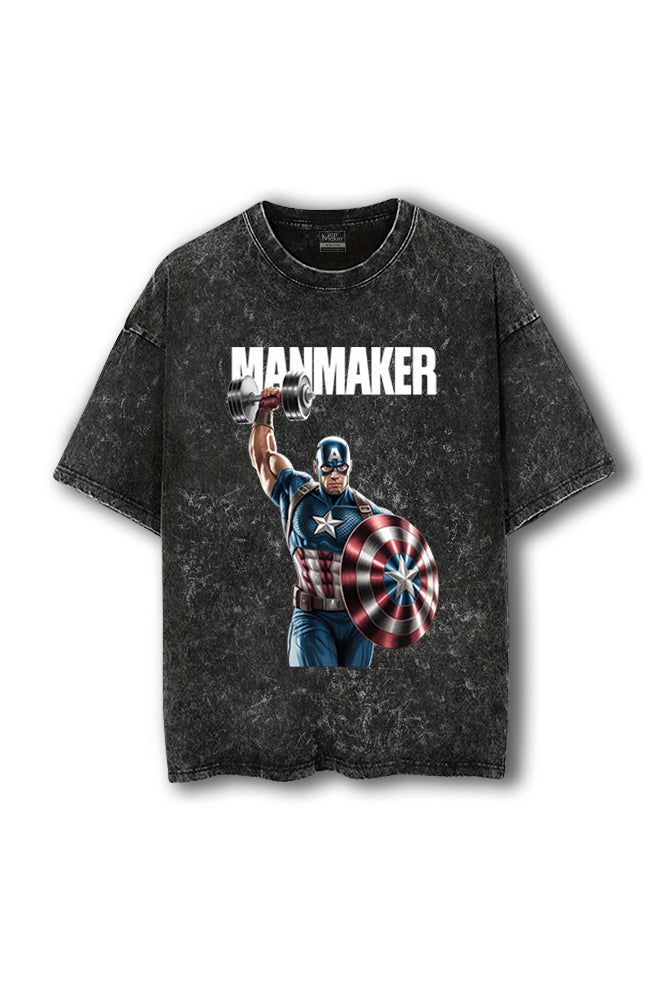 Manmaker Captain America Acid Wash Oversized Gym T-shirt | Gym Wear | Marvel