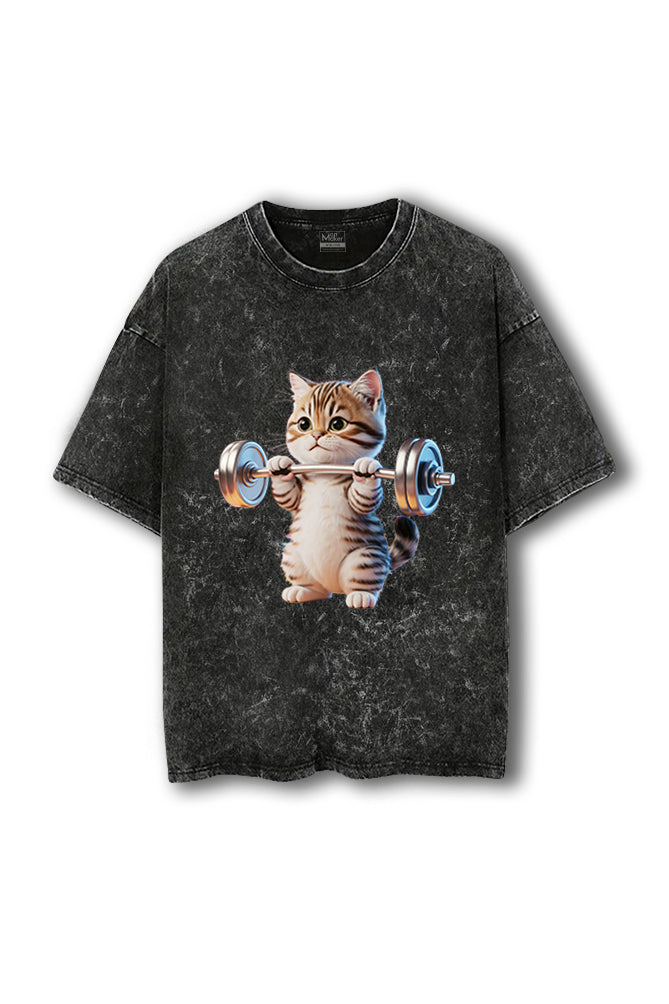 Manmaker Cat Acid Wash Oversized T-shirt | Gym Wear for Women
