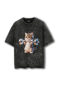 Manmaker Cat Acid Wash Oversized T-shirt | Gym Wear for Women