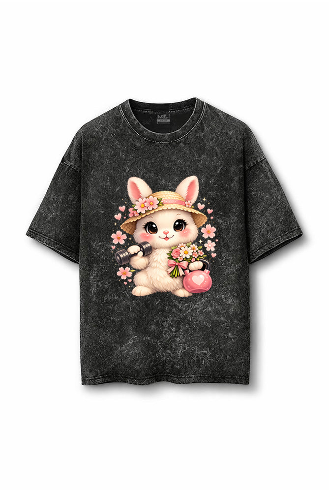 Manmaker Bunny Acid Wash Oversized Gym T-shirt | Gym Wear for Girls
