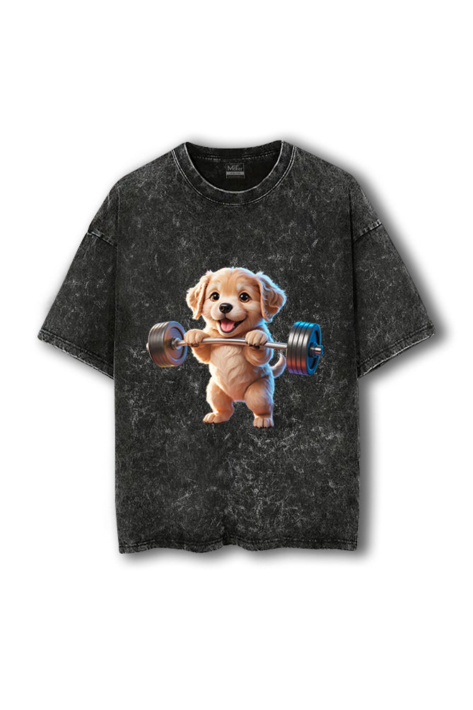 Manmaker Dog Acid Wash Oversized Gym T-shirt | Gym Wear for Women