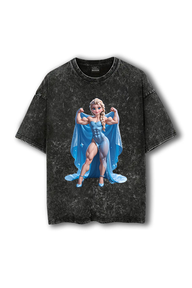 Manmaker Elsa Frozen Acid Wash Oversized Gym T-shirt | Female Gym Wear