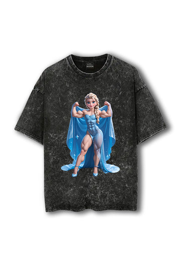 Manmaker Elsa Frozen Acid Wash Oversized Gym T-shirt | Female Gym Wear