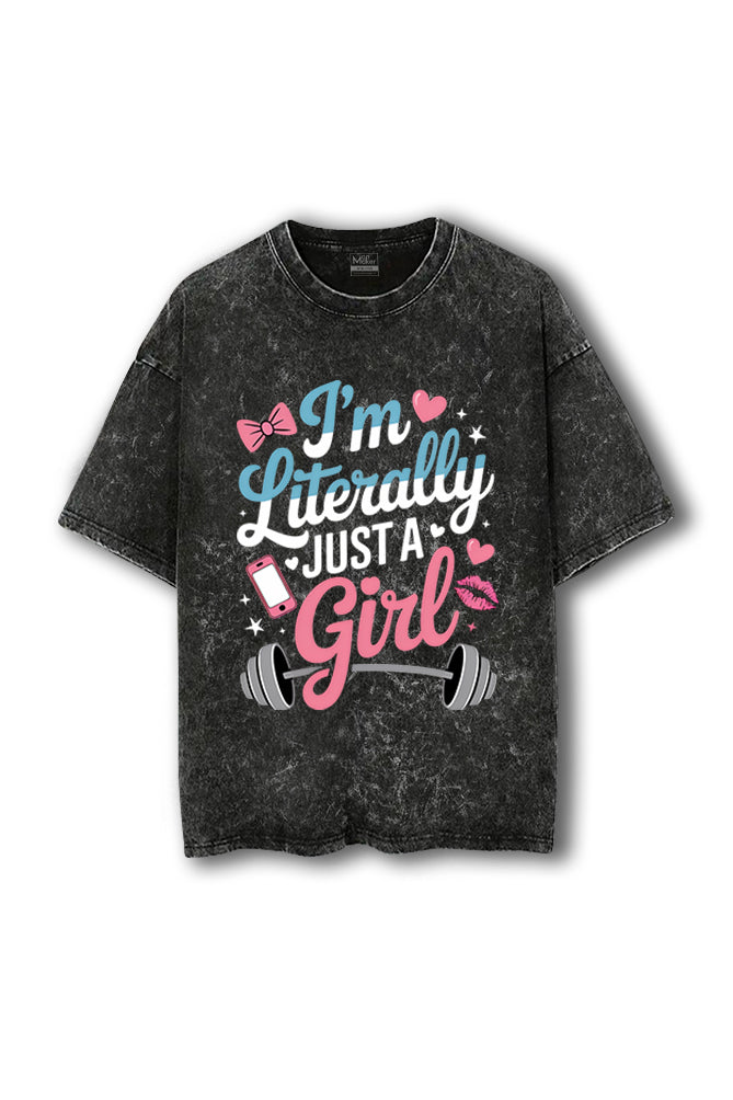 Manmaker Just a Girl Acid Wash Oversized Gym T-shirt | Women Gym Wear