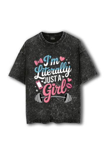 Manmaker Just a Girl Acid Wash Oversized Gym T-shirt | Women Gym Wear