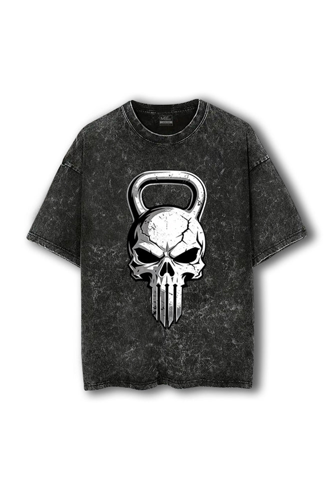 Manmaker Kettlebell Skull Acid Wash Oversized Gym T-shirt | Gym Wear