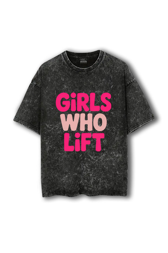 Manmaker Black acid-wash t-shirt with 'Girls Who Lift' text in pink and white on a white background