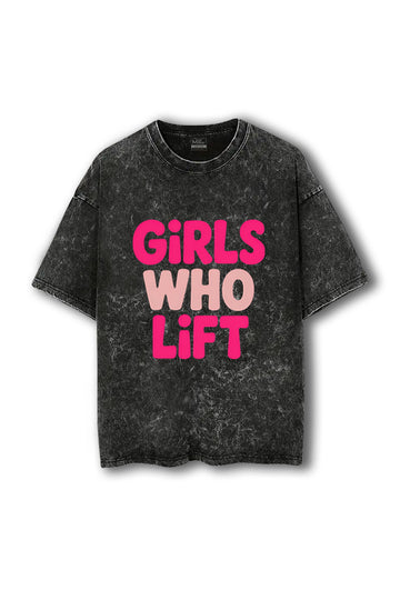 Manmaker Black acid-wash t-shirt with 'Girls Who Lift' text in pink and white on a white background