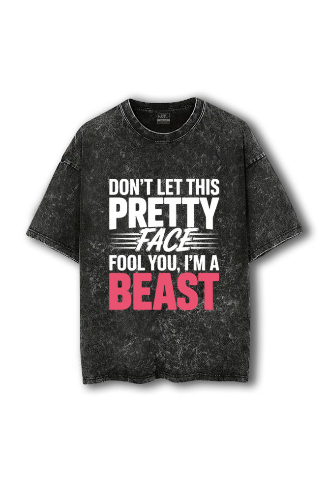 Manmaker Pretty Face Acid Wash Oversized Gym T-shirt | Women Gym Wear