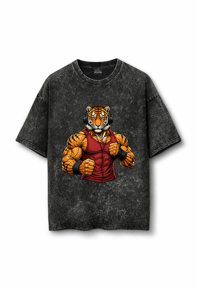 Manmaker Red Tiger Lifting Acid Wash Oversized Gym T-shirt | Gym Wear