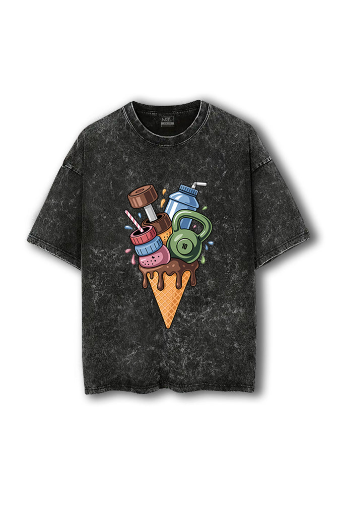 Manmaker Icecream Acid Wash Oversized Gym T-shirt | Gym Wear for Women